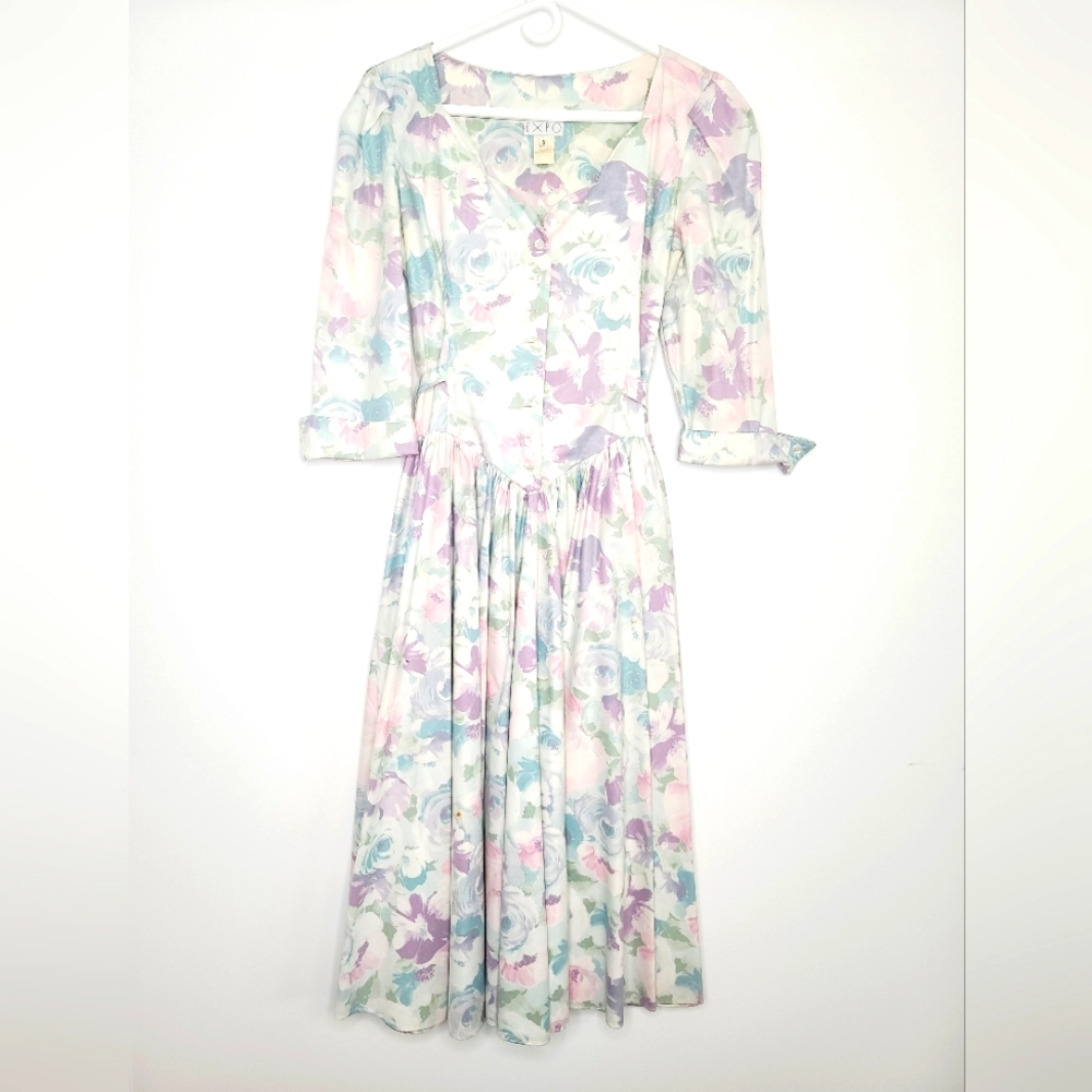 Expo Floral Scalloped Neckline Fit N Flare Dress Pockets Size 6 80s Cottagecore